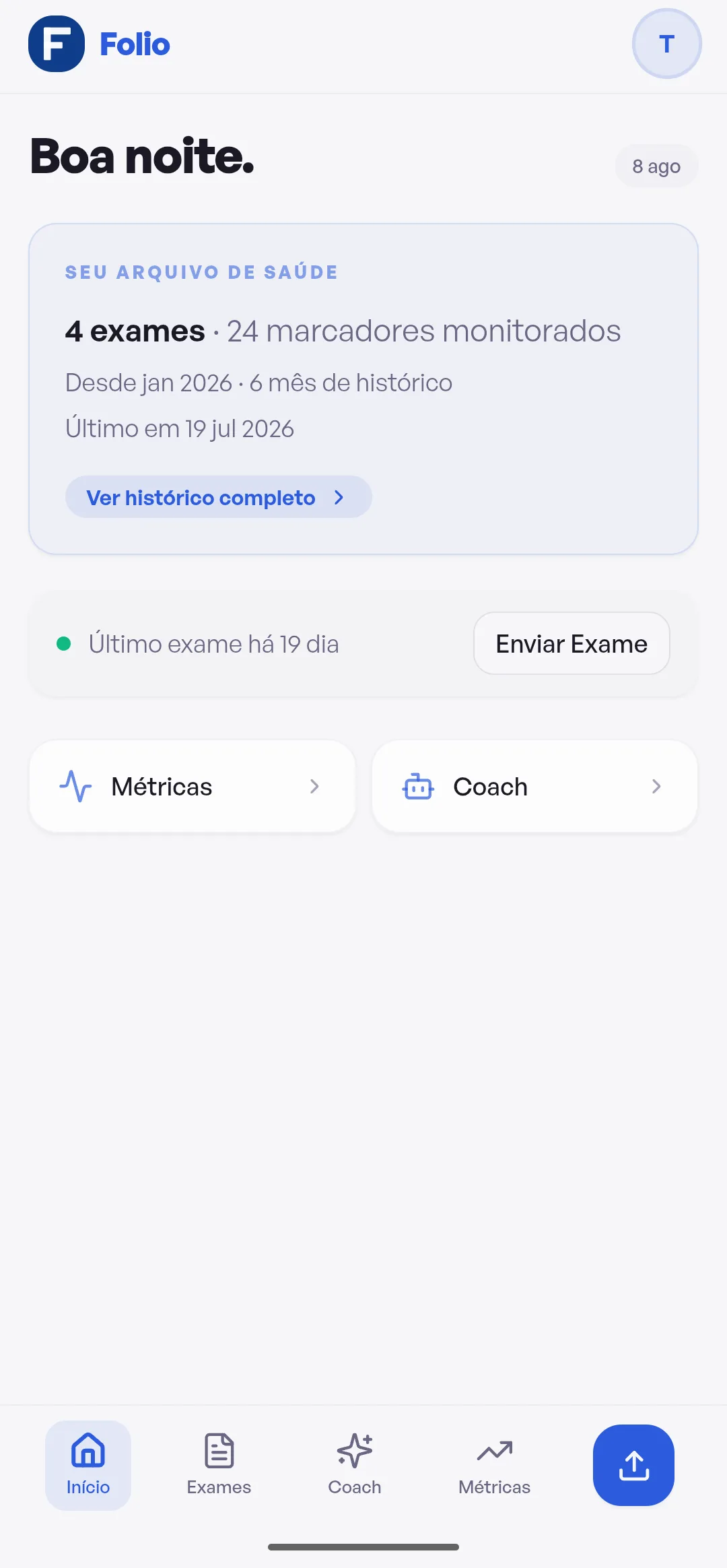 Tela inicial do app Folio com a lista de exames enviados